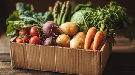 Fresh vegetable box tomato carrot potato beetroot kale cabbage asparagus organic harvest with rustic warmthの素材