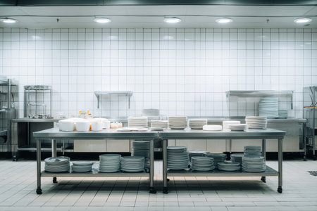 Commercial kitchen stainless steel white tile clean empty plates cookware countertop industrial bright mood and calm focusの素材