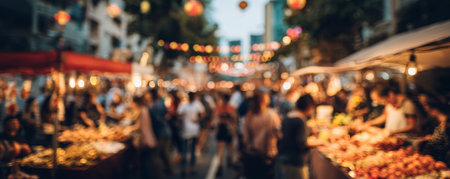 Night market street food bokeh lights crowd festival city evening lantern vendor stall buzzの素材