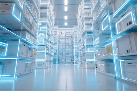 Futuristic warehouse storage aisle with neon lighting smart logistics automation cold chain sterile environment high tech blue glow organized boxesの素材
