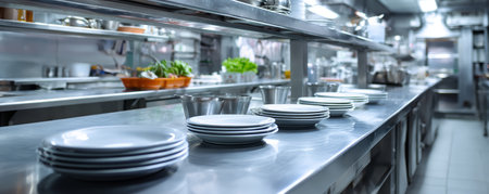 Commercial kitchen stainless steel plates countertop restaurant clean modern professional cookware preparationの素材