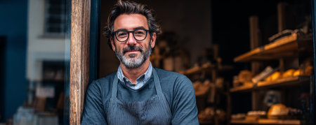 Confident baker artisan bakery small business owner storefront apron glasses bearded man smiling rustic bread display warm welcome at local shopの素材