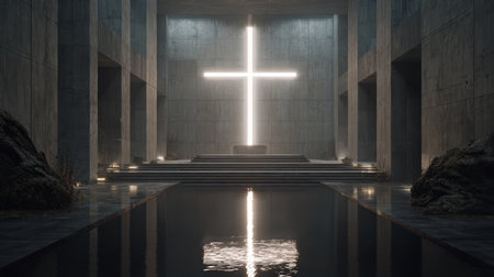 Minimalist church interior glowing cross concrete wall calm water reflection steps altar serene light modern architecture sacred spaceの素材