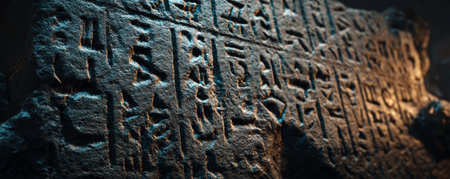 Ancient stone tablet carved hieroglyph weathered texture low light dramatic shadow archaeology artifact history mystic moodの素材