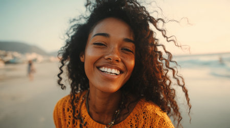Smiling woman beach sunset curly hair yellow sweater portrait natural light happy carefree sandの素材