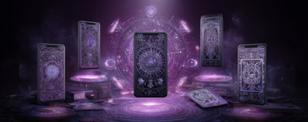 Mystic tarot card deck occult magic circle purple glow fantasy illustration arcane symbol divination theme ethereal light mystical auraの素材
