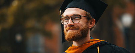 Graduate graduation cap gown tassel student university campus ceremony smile celebrate achievement with proud young adult in cap and gown outdoorsの素材