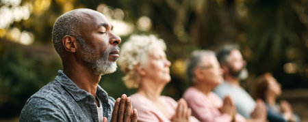 Calm meditation senior man group yoga outdoor class peaceful mind mindful practice eyes closed prayer hands soft sunlight serene moodの素材