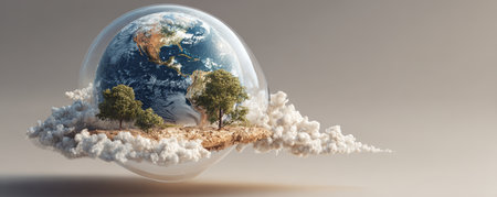 Surreal earth globe floating island cloud tree nature environment sustainability fantasy sky blend emotion and wonder in dreamy sceneの素材