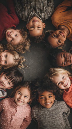 Smiling children diverse kids circle friendship happy faces top view group community unity childhood filled with joy and warmthの素材