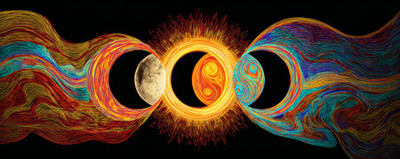 Solar eclipse yin yang moon sun cosmic abstract colorful energy swirl harmony pulseの素材