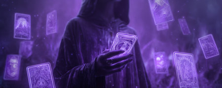 Mystic tarot purple hooded cloaked oracle fantasy glow cards swirl in air around cloaked oracle under purple mist, mystical mood and quiet wonderの素材