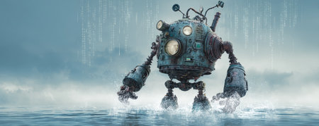 Retro robot steampunk mechanical aquatic water splash misty fantasy sci fi adventure wander through shallow water with playful energyの素材