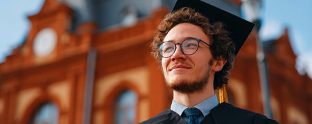 Graduate young man cap and gown eyeglasses curly hair academic university outdoor proud smiling Confidence filled graduate young man cap and gownの素材