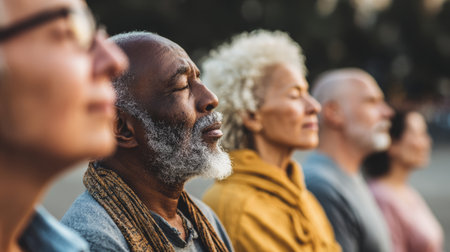 Calm meditation senior group diverse people outdoor mindfulness peaceful face soft light side profile aging wellness serene mood relaxed breathingの素材