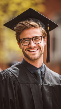 Graduate graduation cap gown tassel student university campus ceremony smile celebrate achievement with proud young adult in cap and gown outdoorsの素材