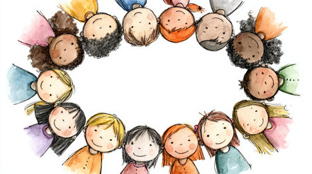 Children circle diversity friendship smiling watercolor illustration group happy togetherness community multicultural kids teamwork unityの素材