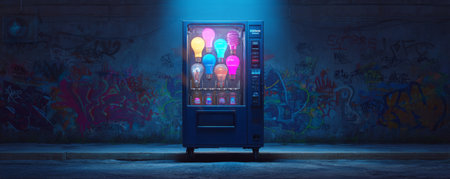 Neon light bulb vending machine urban night street graffiti wall colorful glow moody ambiance creative concept futuristic vibe blue lightの素材