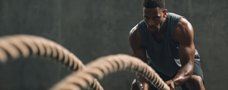 Intense battle rope workout muscular athlete gym training determination sweat strength focus endurance dark backgroundの素材