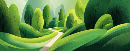 Curved path green hill lush forest rolling landscape tree nature sunlight summer tranquil scenic view weave through vibrant hills, calmの素材