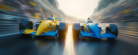 Yellow race car blue race car fast speed motion blur competition asphalt sunlight dynamic adrenalineの素材