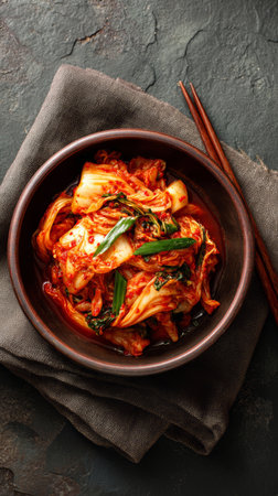 Spicy kimchi fermented cabbage chili garlic ginger scallion ceramic bowl chopsticks rustic table Korean food with appetizing aromaの素材