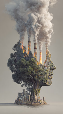 Surreal double exposure silhouette tree cityscape industrial chimneys smoke pollution climate change environment nature urban decayの素材