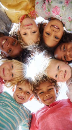 Happy children circle diverse kids friendship smiling faces teamwork unity childhood joy outdoor funの素材