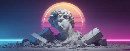 Retro wave neon vaporwave marble statue broken sculpture sunset glow cyberpunk synthwave glitch surreal aesthetic ruin evokes nostalgia withの素材