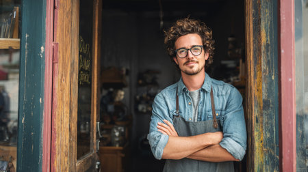 Confident barista standing in rustic doorway denim shirt apron curly hair glasses crossed arms warm light small shop vibeの素材