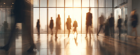 Business people silhouette modern office sunrise light glass wall motion blur corporate hallway urban skyline morning commuteの素材