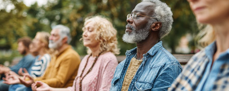 Calm meditation group outdoors, senior men and women sitting on park bench, peaceful mindfulness practice, autumn trees background, soft daylightの素材