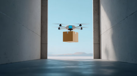 Autonomous delivery drone flying quadcopter cardboard box logistics aerial shipping fast service modern technology blue sky minimalの素材