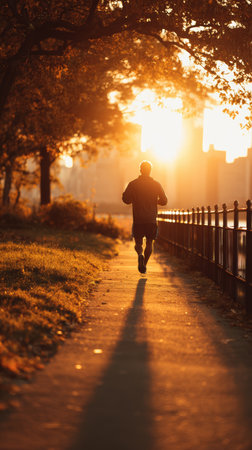 Sunrise jogger silhouette golden light urban park path morning fitness healthy lifestyle autumn leaves calm mood long shadowの素材