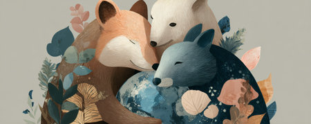 Earth conservation bear wildlife nature friendship hug illustration forest leaf. Gentle bears hug Earth tender conservation scene soft colorsの素材