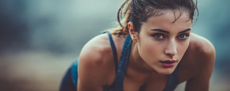 Focused athlete sweaty determination fitness workout training endurance strength motivation outdoorの素材