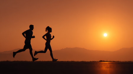 Sunset run fitness silhouette couple jogging outdoors healthy lifestyle sunrise trailの素材