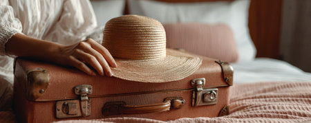 Vintage suitcase straw hat cozy bedroom soft light travel weekend getaway feminine warm tone linen bedding hand touch evoke calmの素材