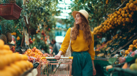 Woman shopping market fruit basket hat smile tropical colorful sunlight casual style. Joyful woman explores vibrant fruit market aisleの素材