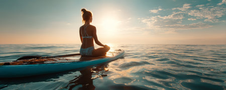 Calm sunrise paddleboard woman meditating ocean horizon golden light tranquil water serene morning fitness wellness peaceful moodの素材