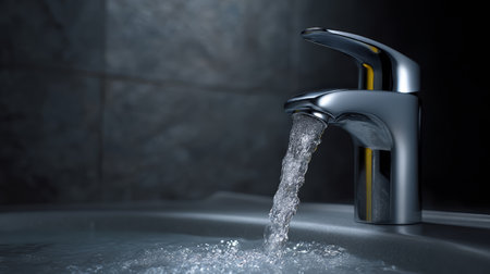 Running water chrome faucet bathroom sink clean hygiene modern stream splash with calm moodの素材