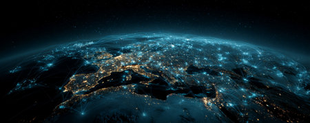 Global network digital connection earth from space data flow glowing lights night city technology communicationの素材