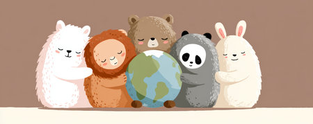 Cute animal hug earth day wildlife conservation friendship unity peace kindness sustainability planet love with warm cozy feelingの素材