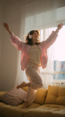 Joyful woman dancing headphones pink jacket loungewear sunlight cozy home morning light sofa carefree indoor happy moodの素材
