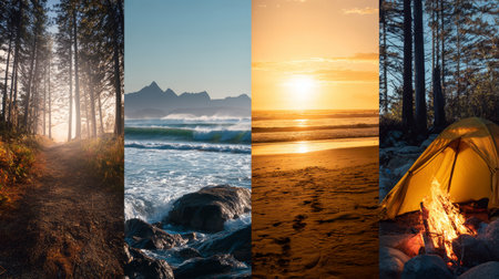 Sunset beach ocean wave mountain coast forest trail campfire tent golden light rocky shore sandy beach pine tree outdoor adventureの素材