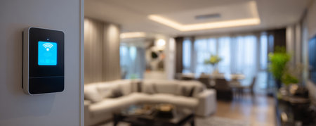 Smart home device touch screen wifi icon modern living room blurred background cozy interior soft lighting contemporary decor wall mounted panelの素材