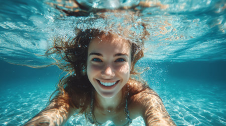 Underwater selfie woman smile swim ocean blue summer travel joy underwater portrait with sunlight ripples and crystal waterの素材