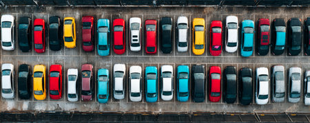 Aerial parking lot parked car colorful vehicle urban pattern top view winter snow grid layout symmetry city transport calmの素材
