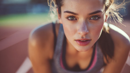 Focused athlete woman fitness running track workout determination sweat summer outdoor healthy lifestyle breathes steady before sprintの素材