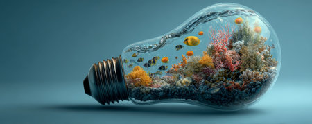 Surreal light bulb aquarium coral reef fish conservation concept, underwater ecosystem glass bulb with vibrant coral and tropical fishの素材